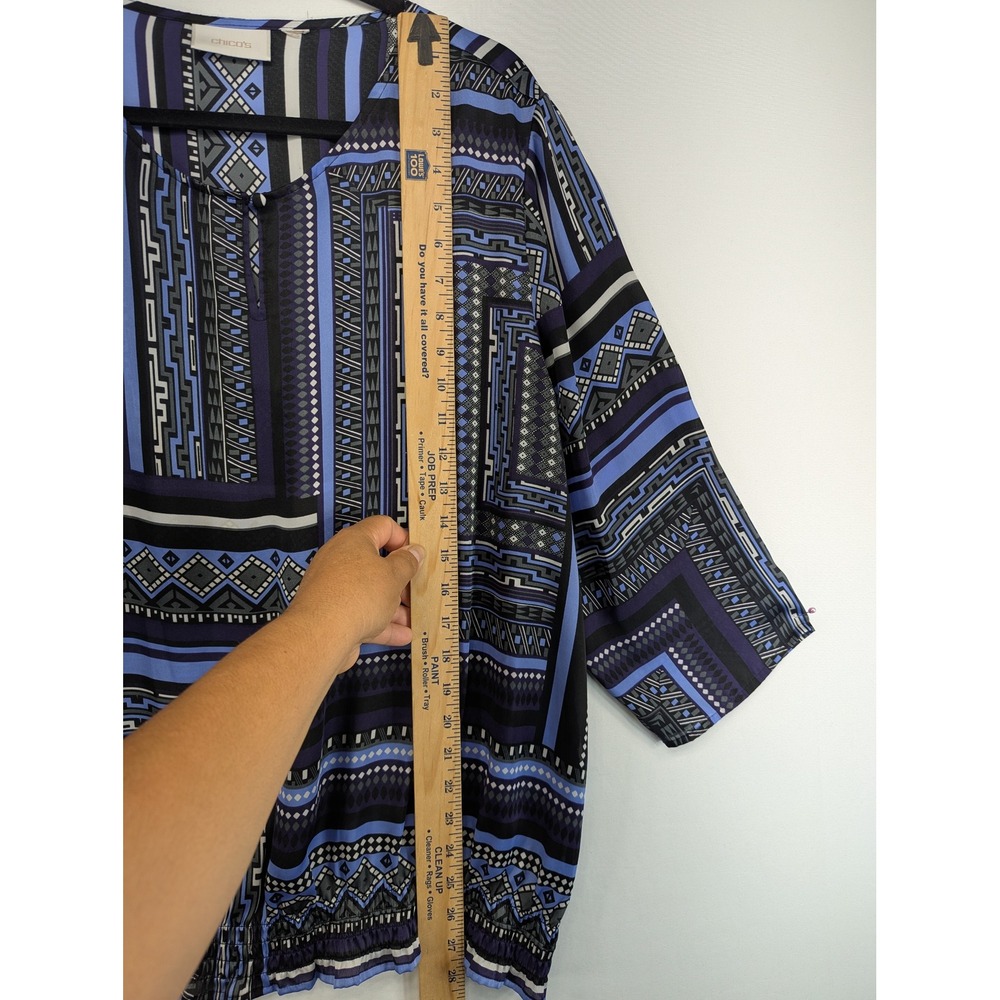 Chicos Blue Purple Geometric Tribal Print Split Neck Bubble Blouse 3/4 Sleeve - Picture 3 of 9